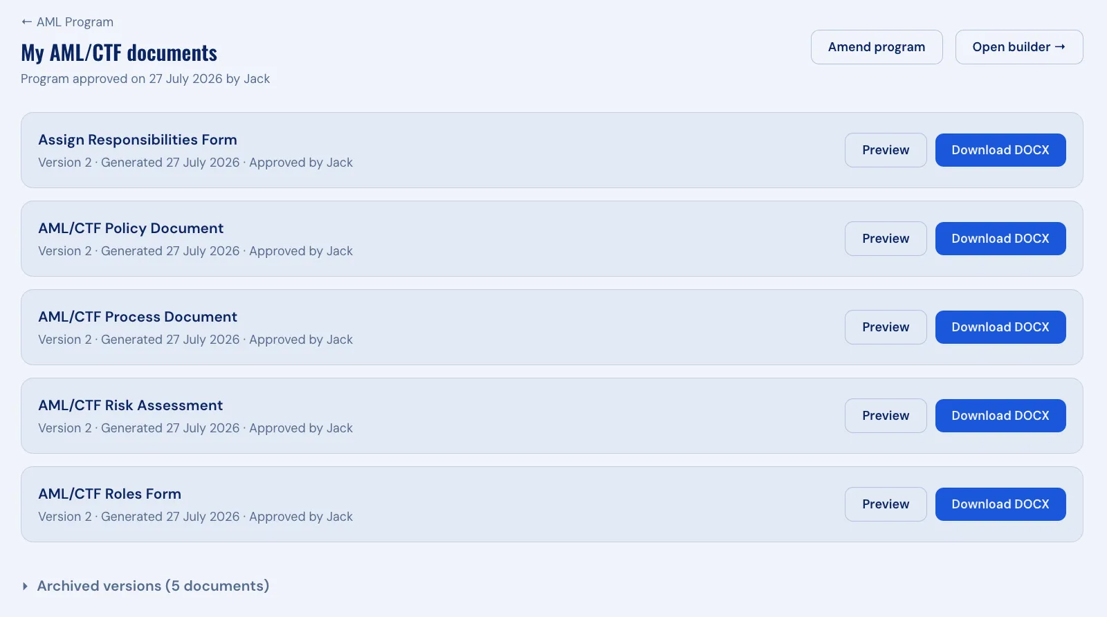 The My AML/CTF documents screen: the five generated documents — risk assessment, policy, process document and role forms — each ready to preview or download as DOCX, with the program's approval date shown and archived prior versions collapsed below.