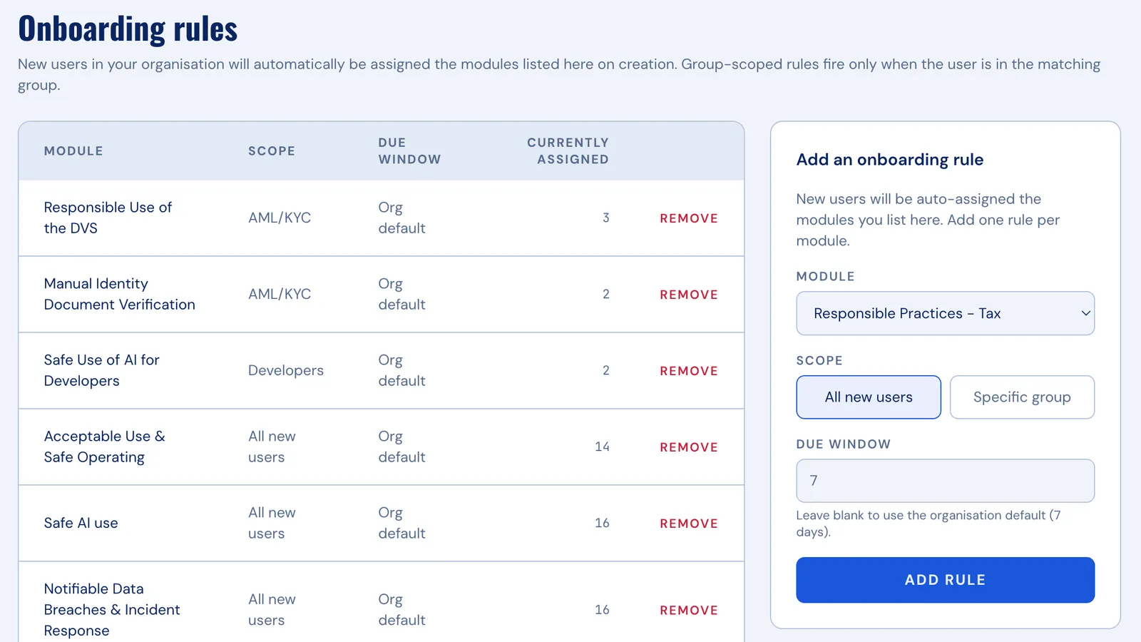 Group settings screen: the group's required training modules with auto-assignment rules that apply them to every new member.