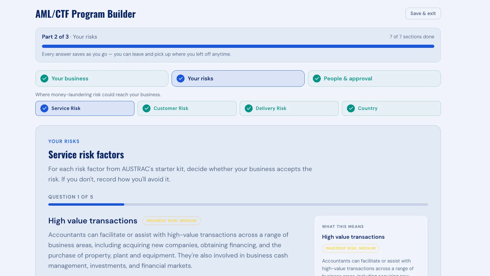 The Program Builder's guided intake: part 2 of 3, Your risks, with service, customer, delivery and country risk sections ticked off, one plain-English question on screen — a high-value transactions risk factor with its inherent risk rating — and a 'what this means' explainer beside it. Every answer saves as you go.