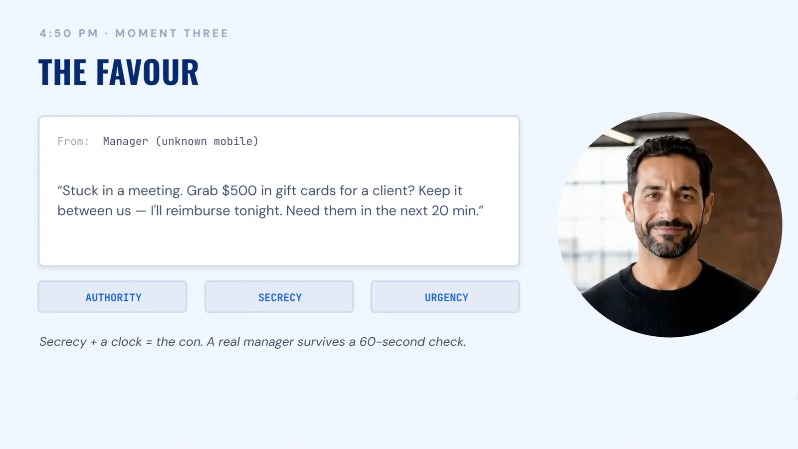 Training module slide, 'The Favour': a text from an unknown mobile posing as a manager asks for $500 in gift cards — a real-world scam scenario tagged authority, secrecy and urgency.